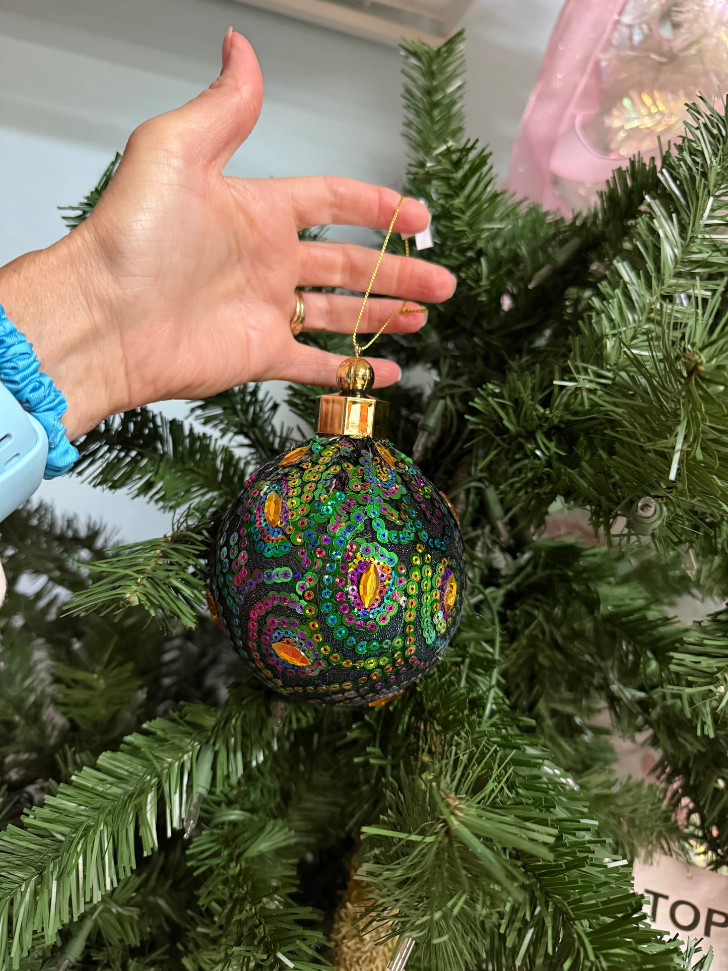 Sequin & Gemstone Peacock Christmas Beaded Glitter Ball Ornaments: Set of Three