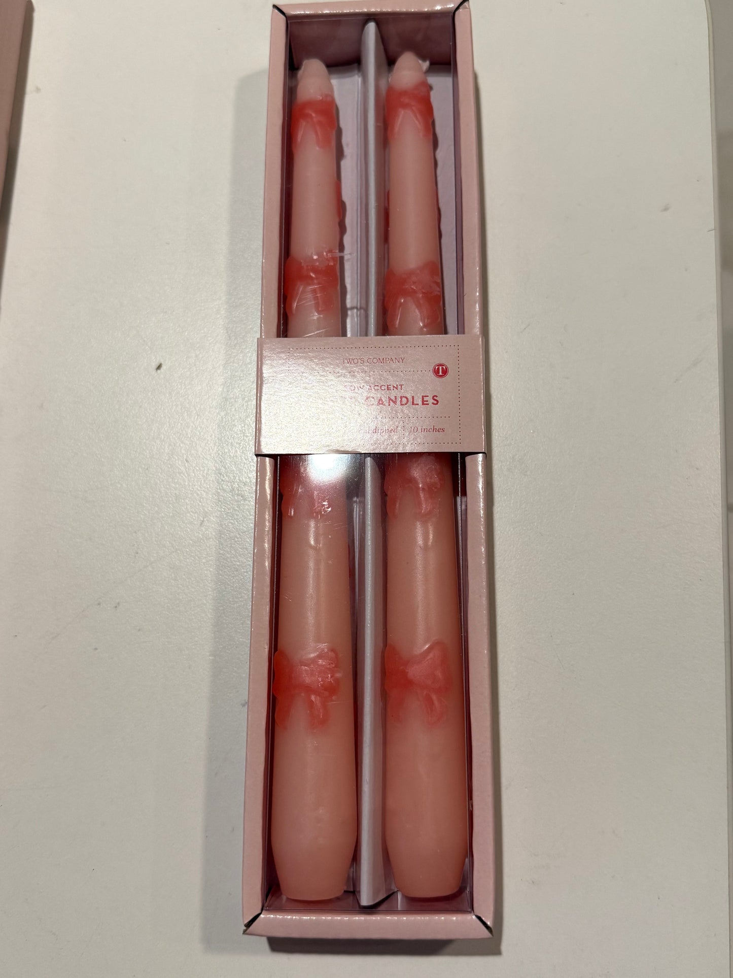 New! Set of 2 Bow Accent Taper Candles in Gift Box: White or Pink