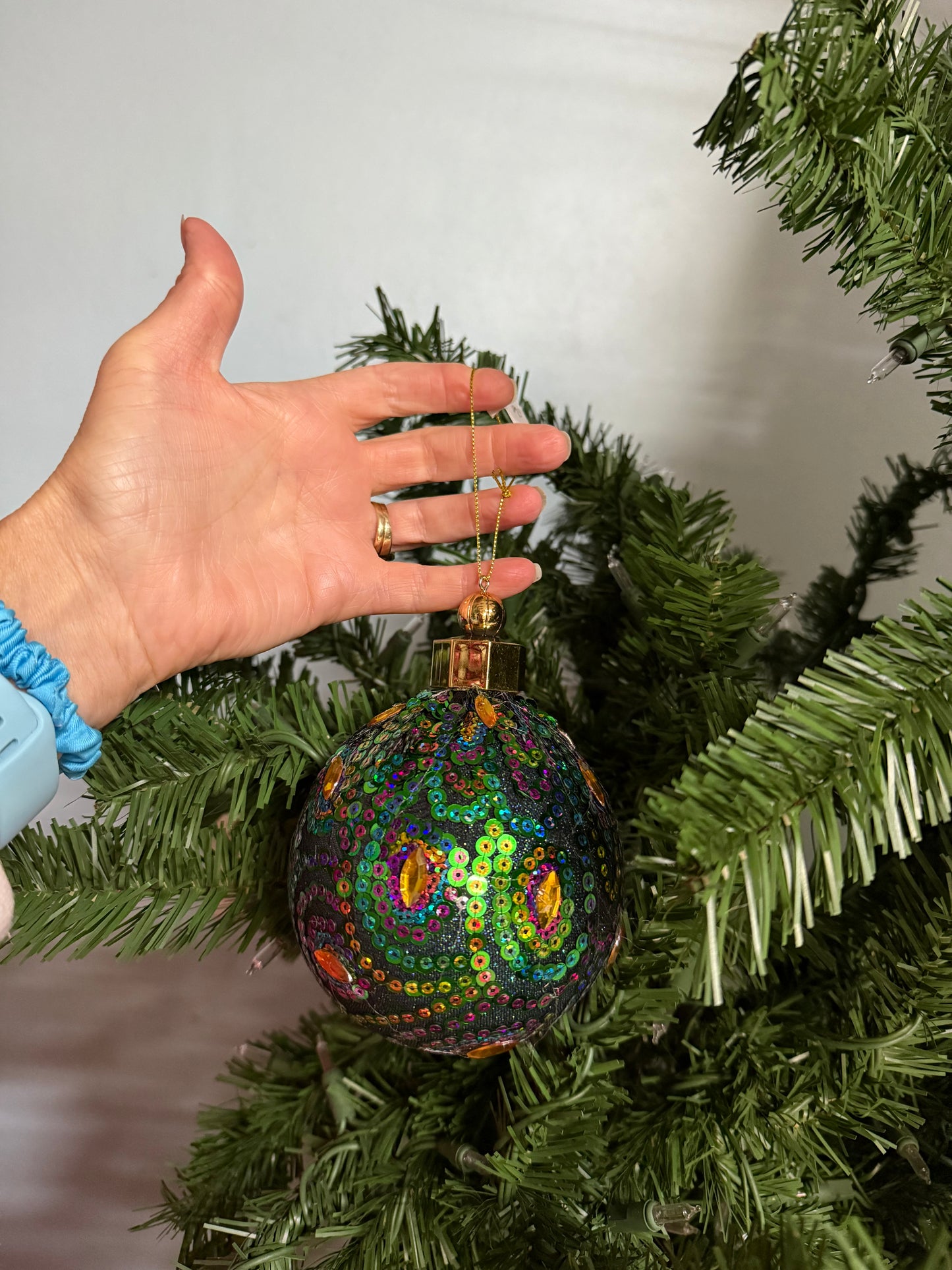 Sequin & Gemstone Peacock Christmas Beaded Glitter Ball Ornaments: Set of Three