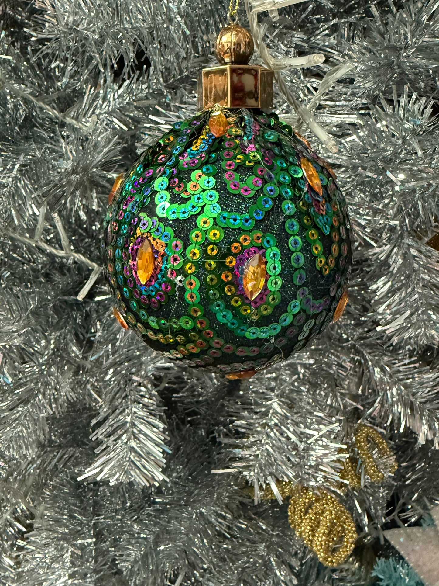 Sequin & Gemstone Peacock Christmas Beaded Glitter Ball Ornaments: Set of Three