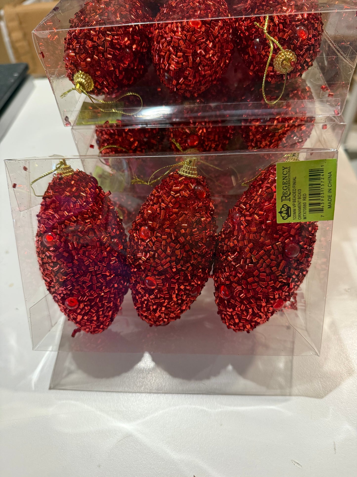 New! 120 MM Red Beaded Finial Ornaments: Set of Three