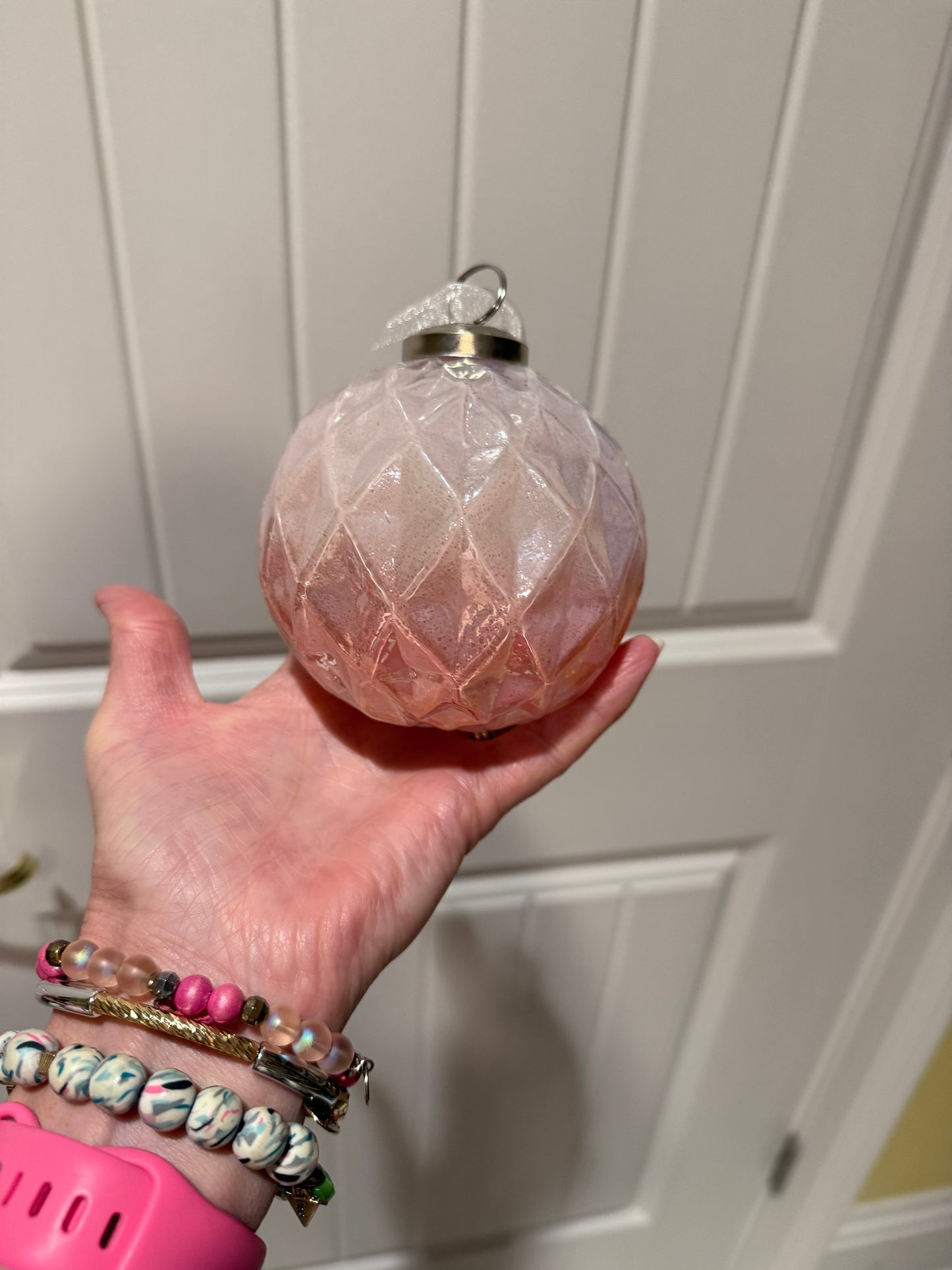 4" Pearlized Milk Glass Ridged Ball Ornament- Set of 2