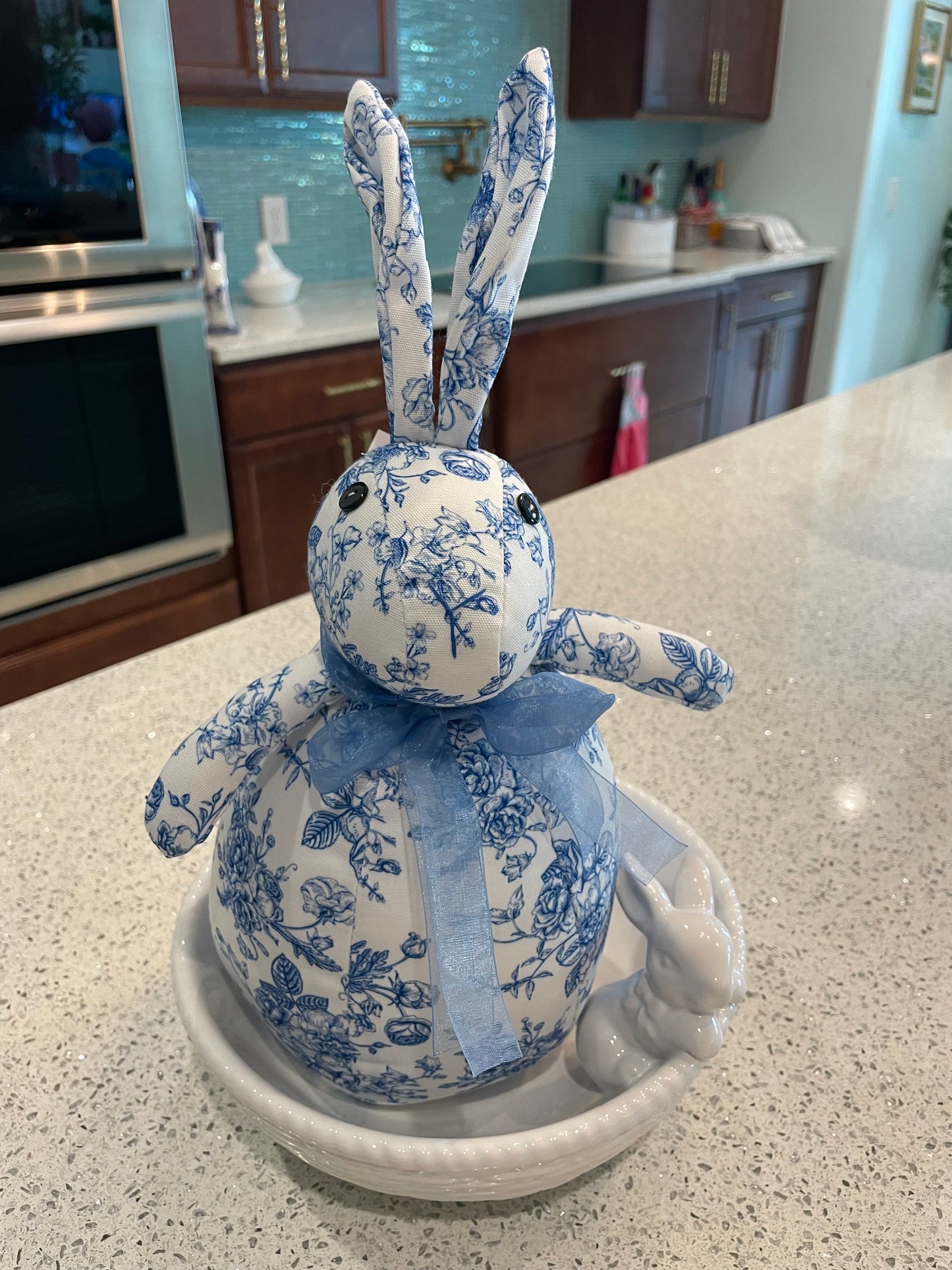 Blue Toile Fabric Bunny