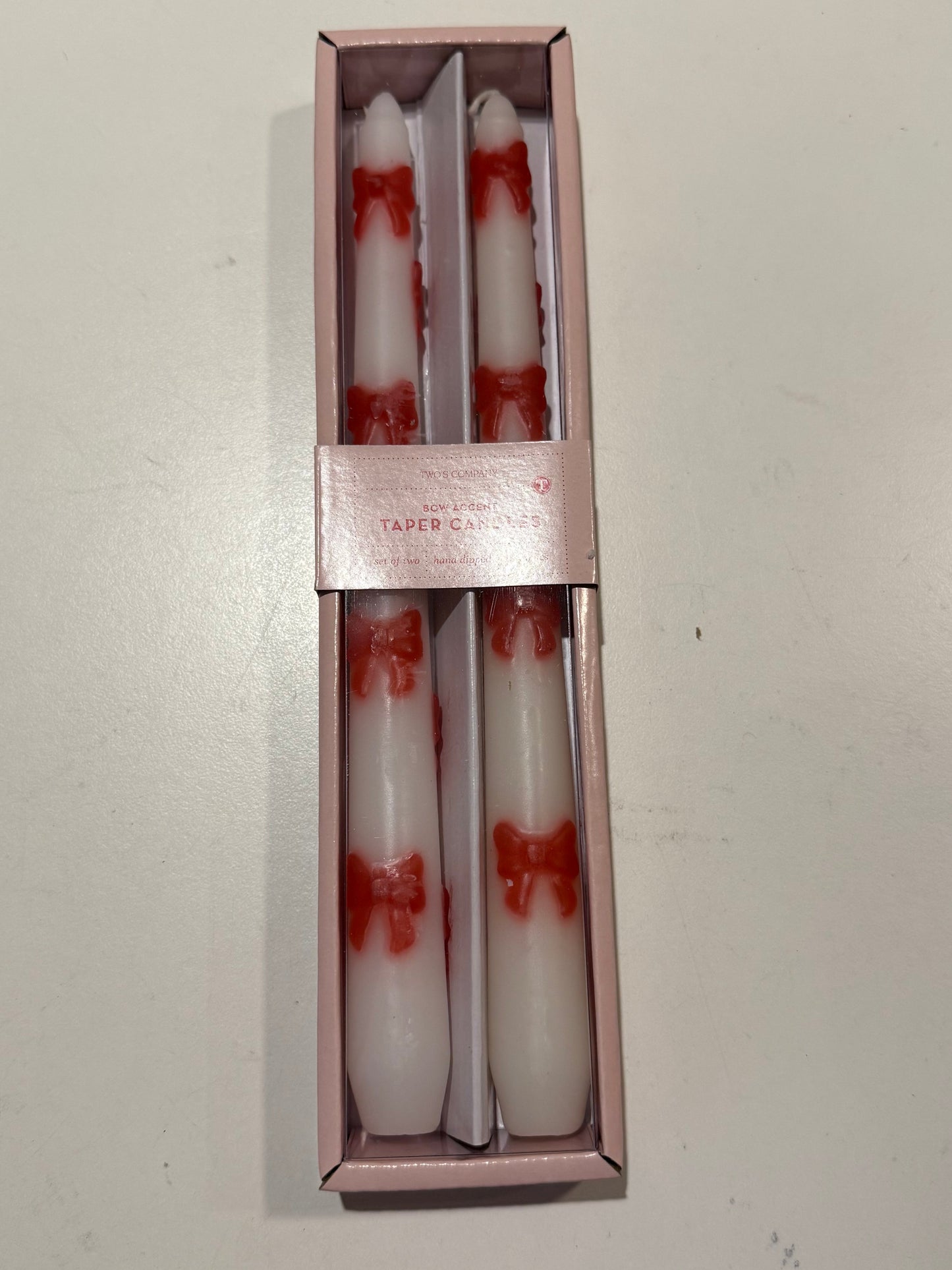 New! Set of 2 Bow Accent Taper Candles in Gift Box: White or Pink