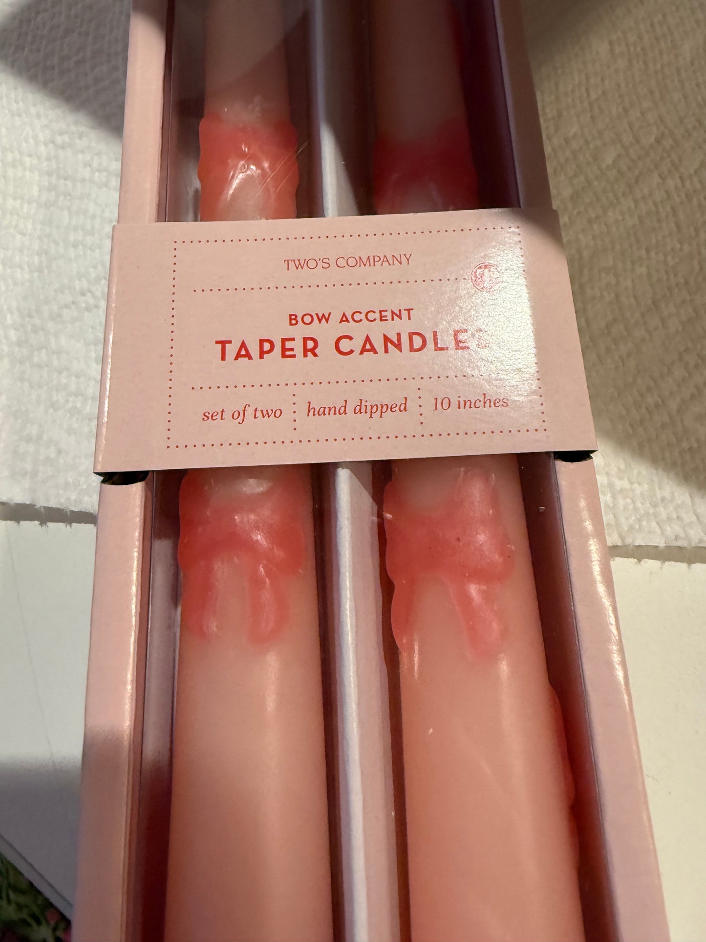 New! Set of 2 Bow Accent Taper Candles in Gift Box: White or Pink