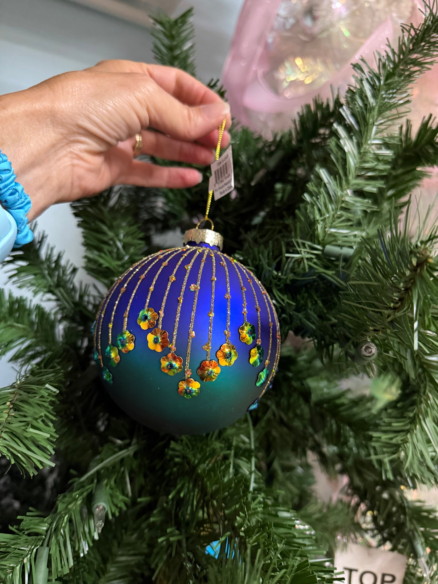 Blue Sequin Peacock Ball Ornaments: Set of Three