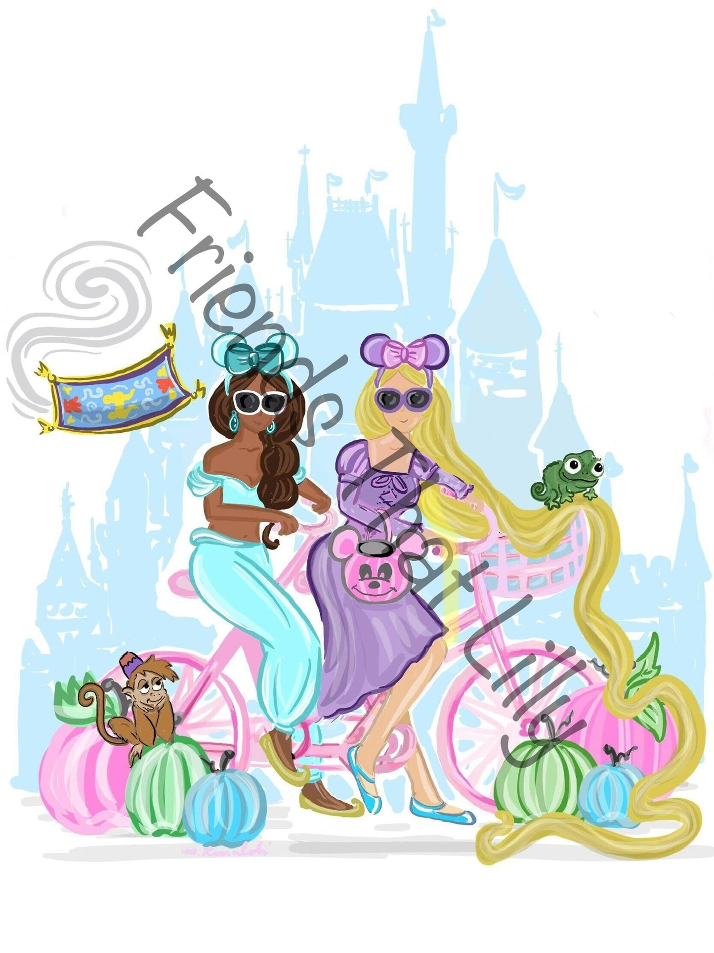 SALE! Kids FTL Teal and Purple Princesses w/ Pumpkins Illustration Shirts