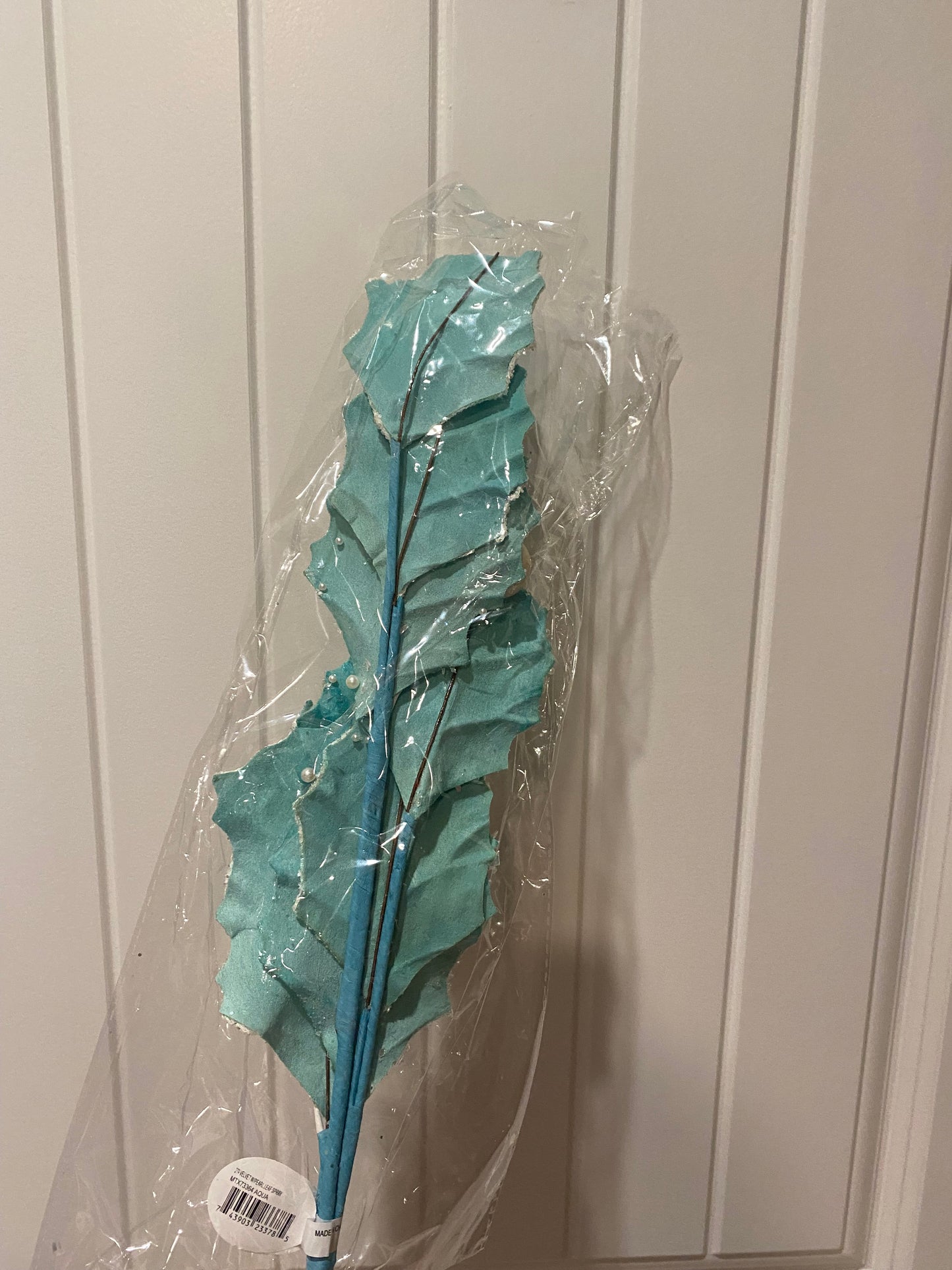 Aqua Blue Velvet And Pearls Leaf Spray