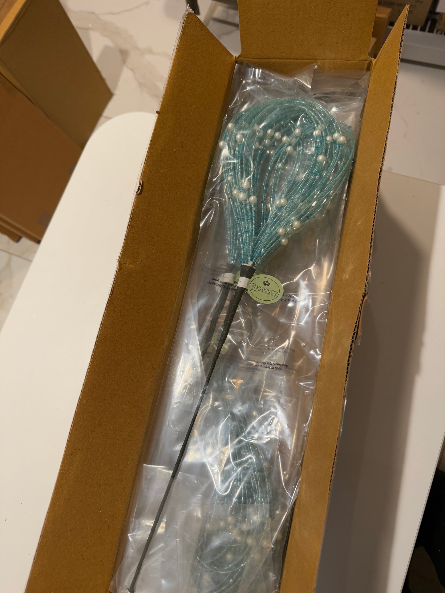 20" Iced Blue Beaded Flower Burst Stem With Pearls