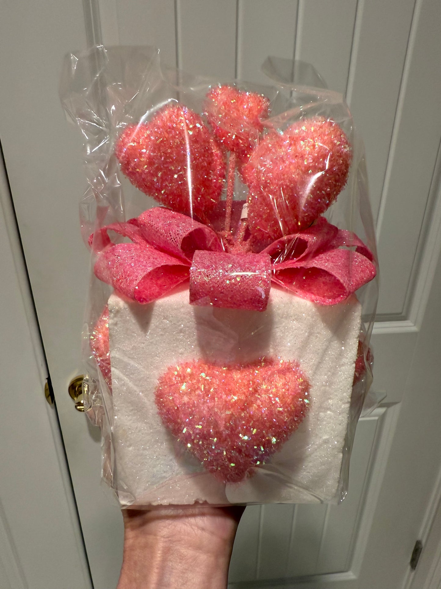 8.5" Glitter Gift Box With Hearts Package Ornament - Pink & White