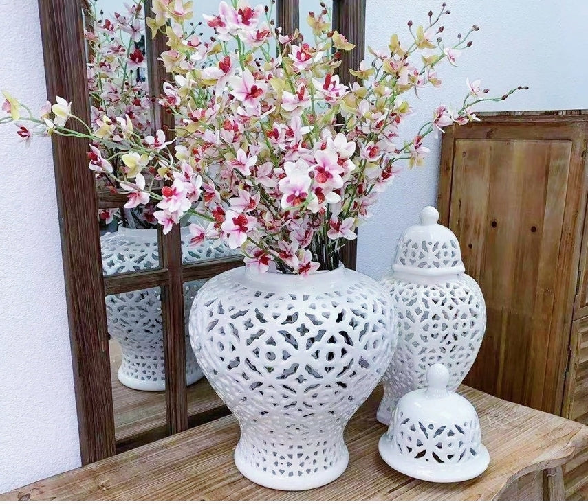 Hand Carved Lattice Pierced Ceramic Temple Ginger Jar 19.5"