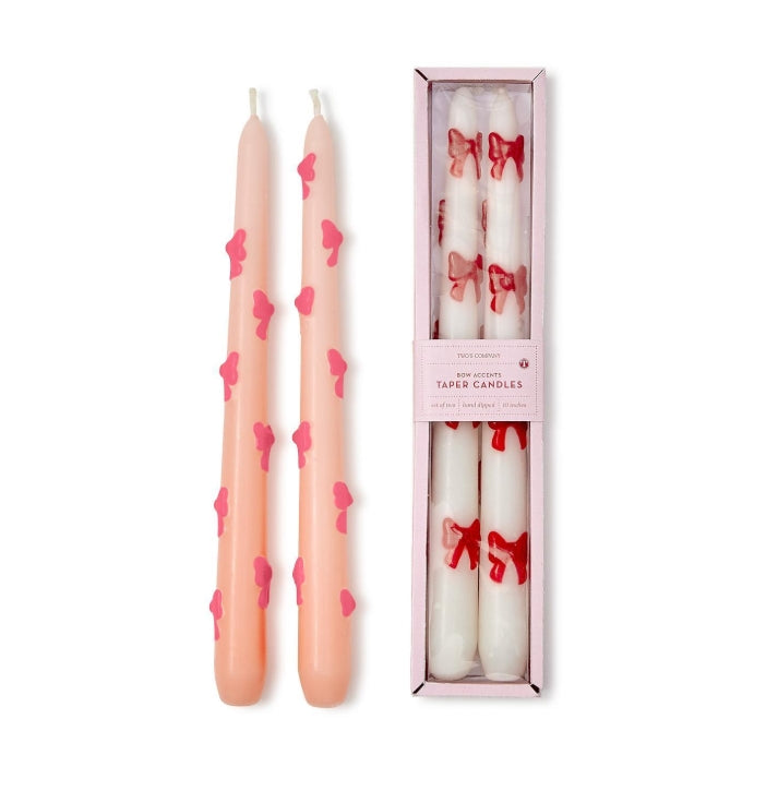 New! Set of 2 Bow Accent Taper Candles in Gift Box: White or Pink