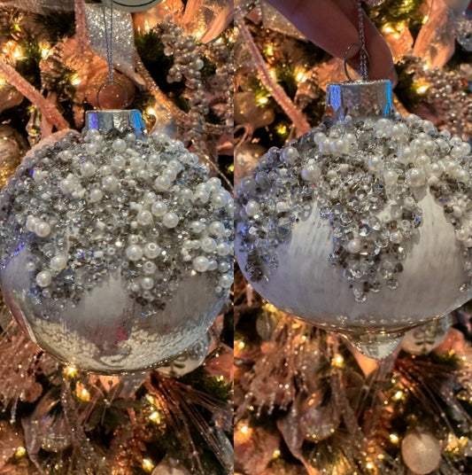 4" Silvery Glass Pearl/Jewel Ornament: Ball or Finial