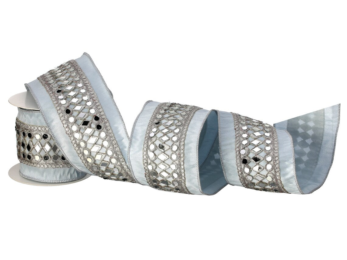 4"x 5Y White Silver Trim on Dupion Ribbon