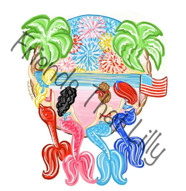 Women's Pocket Style T-Shirts: Patriotic Mermaids