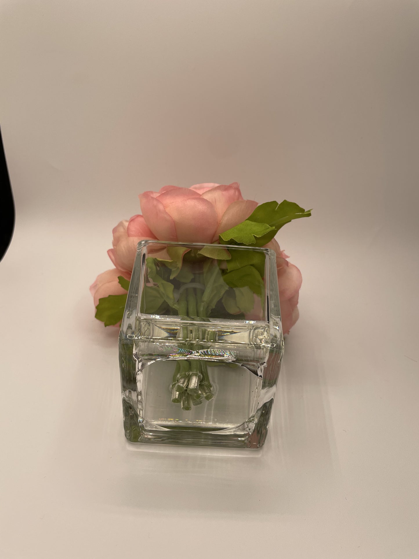 7" Artificial Lt Pink Ranunculus fixed in Glass Cube