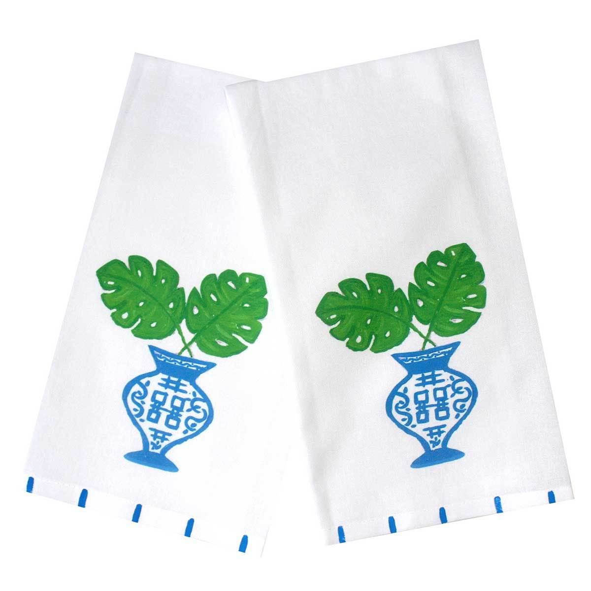 Set of 2: Monstera Leaf Chinoiserie Tea Towel