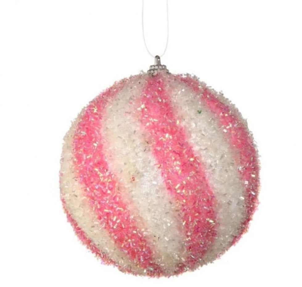 4.5" Pink & White Sparkle Swirl Candy Ball Ornament