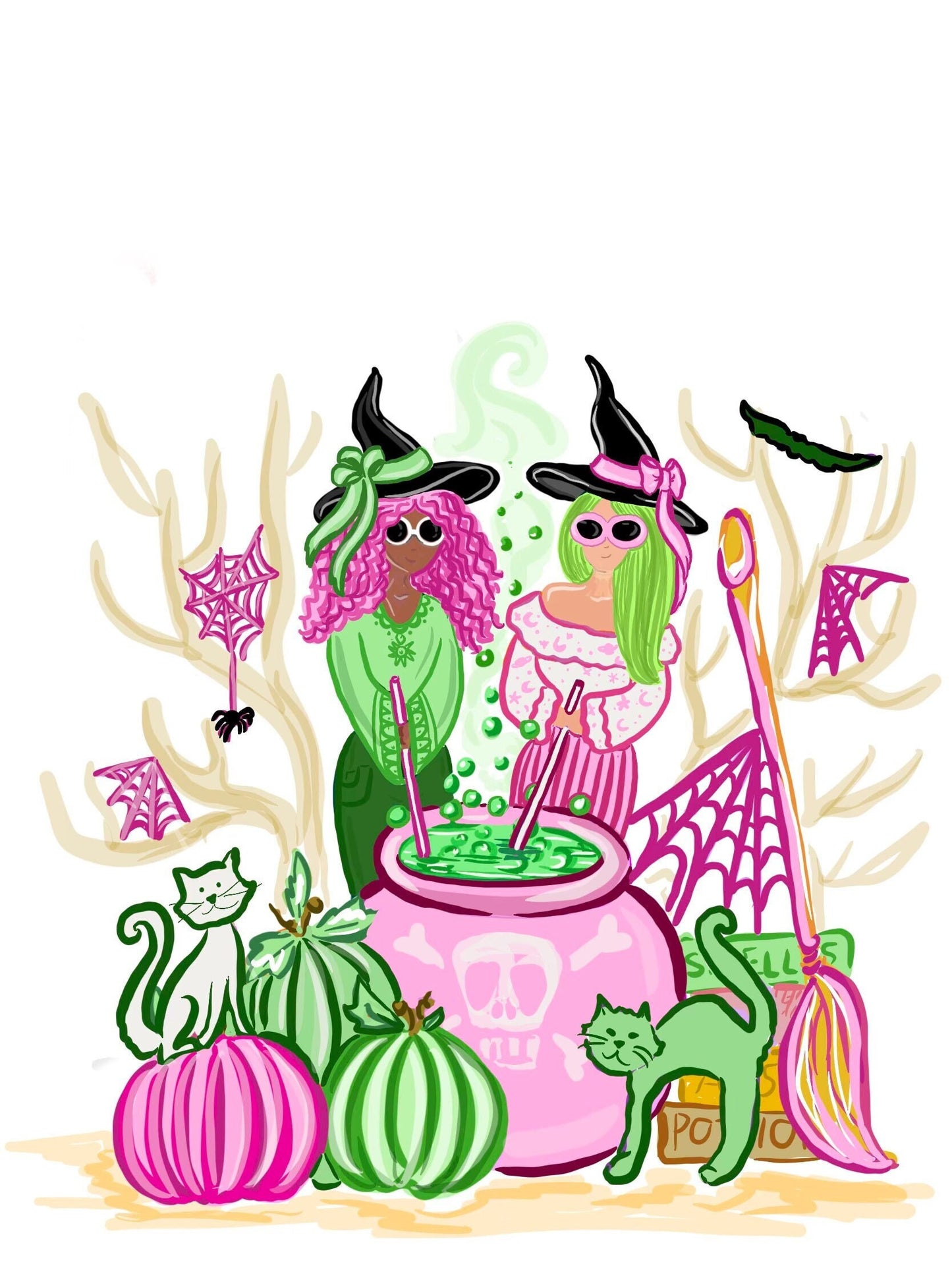 SALE! Kids FTL Pink & Green Witches Halloween Girls Illustration Shirts