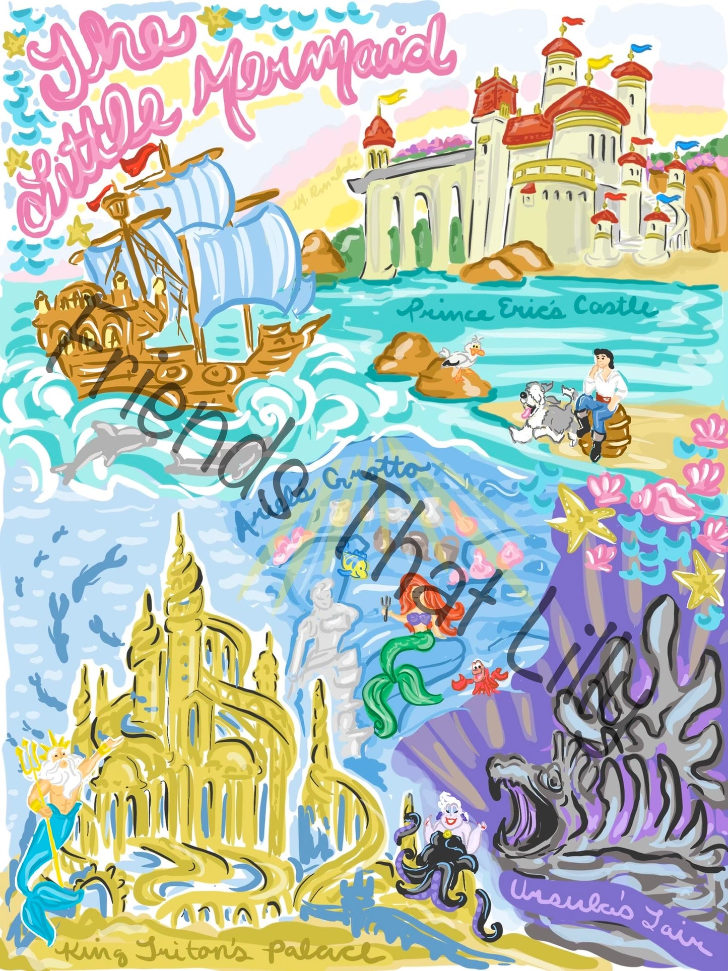 Women's T-Shirts: Little Mermaid Map Illustration Design