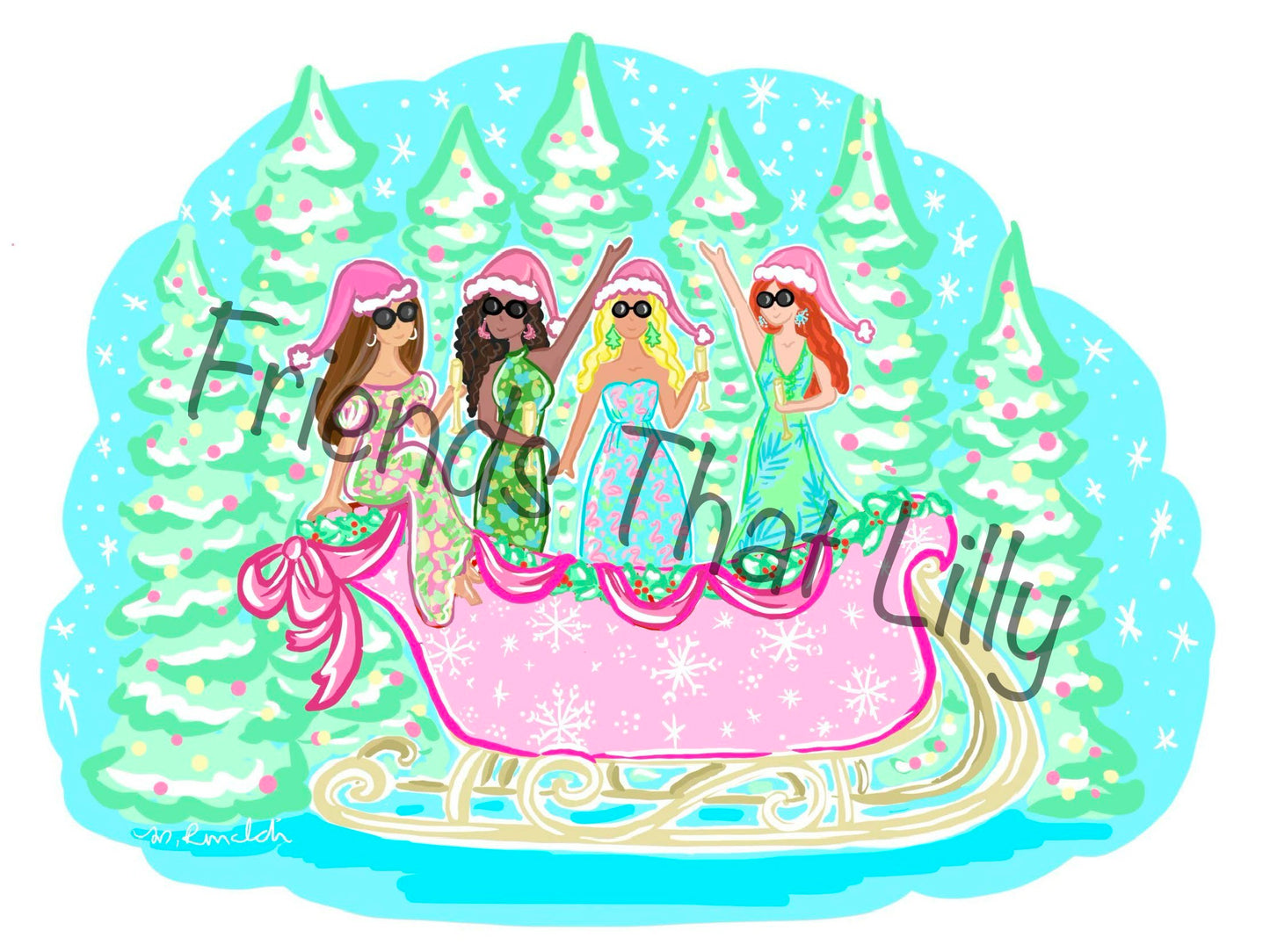 Women's T-Shirts: Holiday Gals in Pink Sleigh