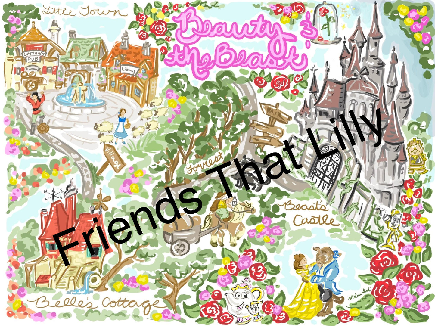 Women's T-Shirts: Beauty and The Beast Map Illustration Design