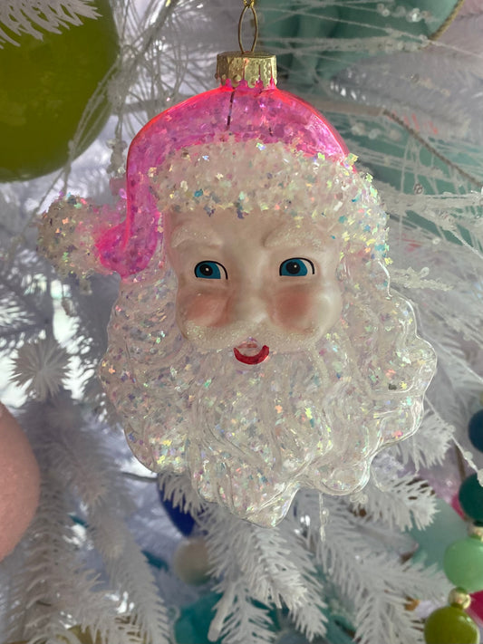 Pink Glitter Santa Head Ornament