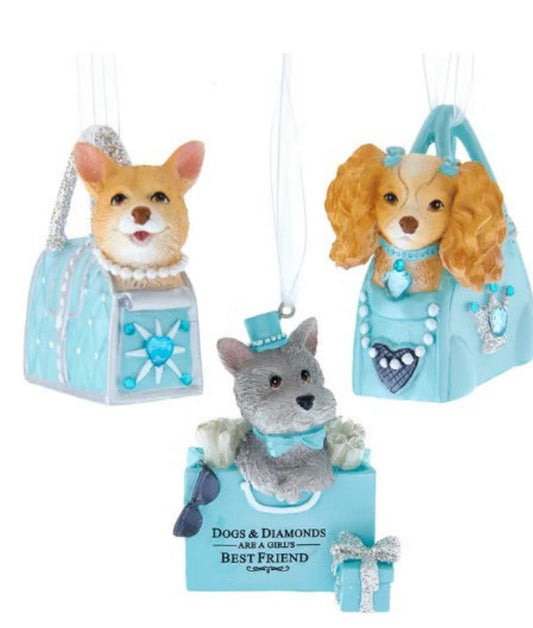 Posh Dog Ornaments in A Blue Purse: Assorted Styles