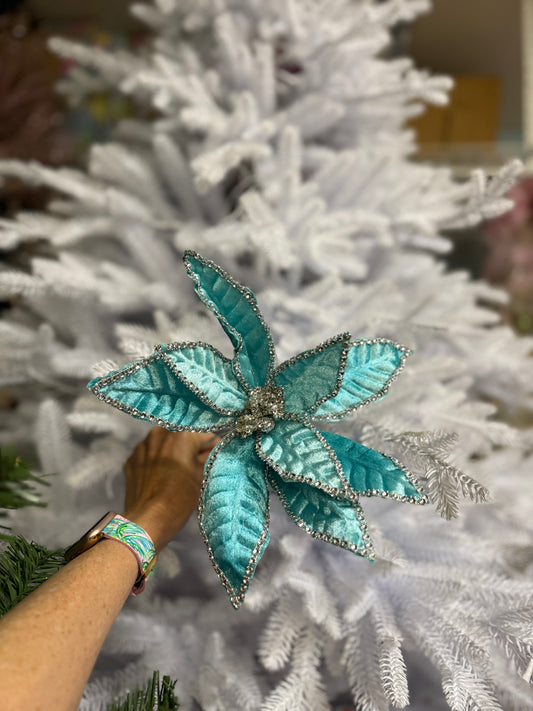 Set of 4 ~ 20" Jeweled Edge Aqua Velvet Poinsettia Stems Christmas Tree Decor