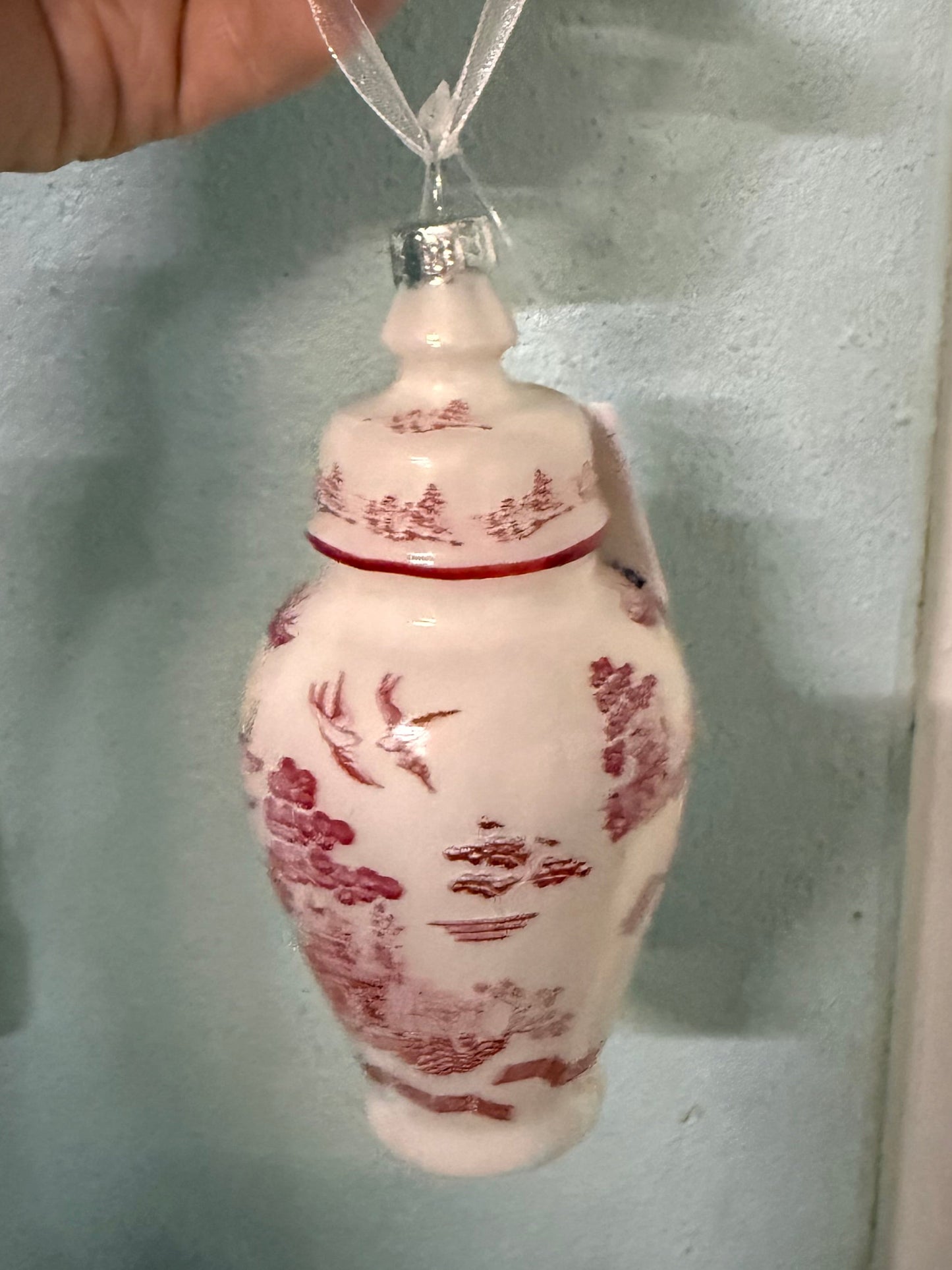 Red & White Pagoda Scene Ginger Jar Ornament: Set of 2