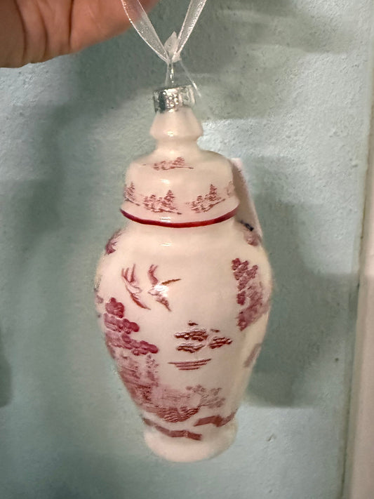 Red & White Pagoda Scene Ginger Jar Ornament: Set of 2
