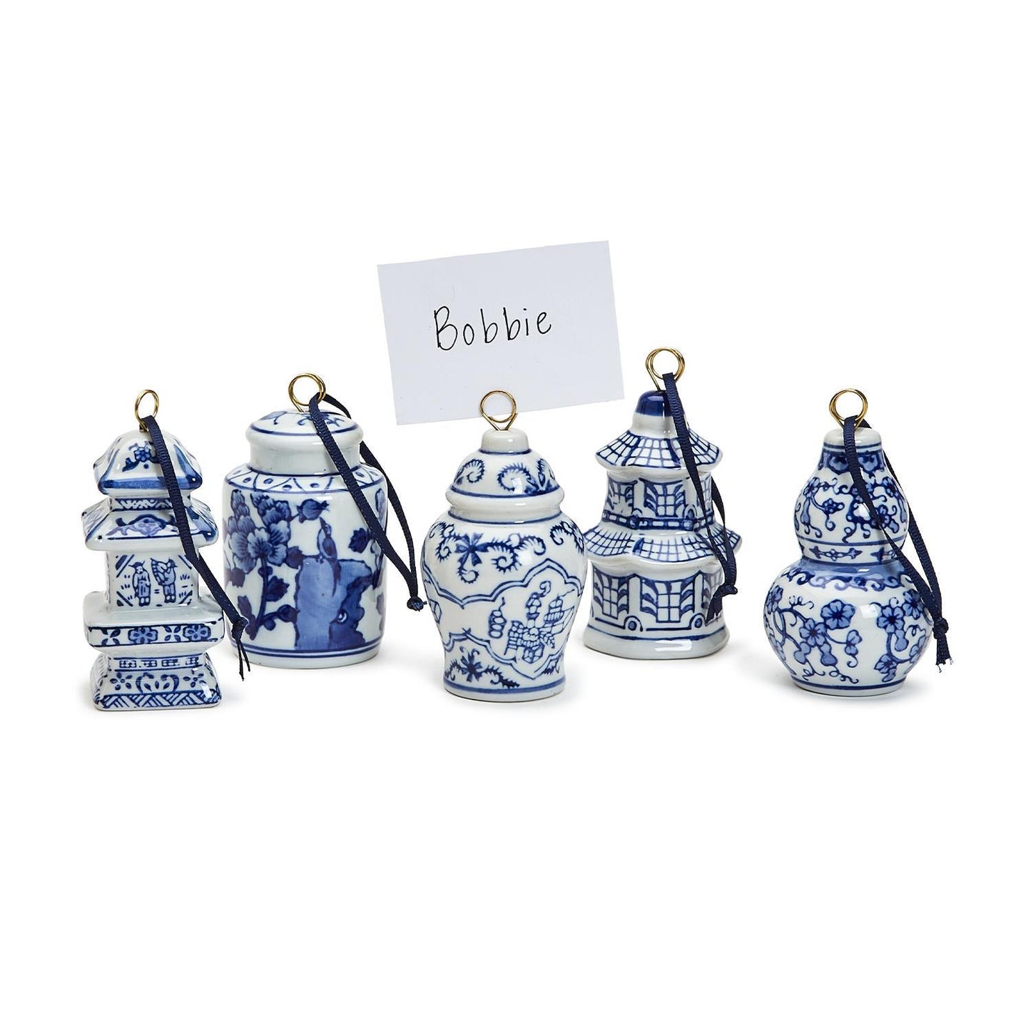 Chinoiserie Blue and White Hand-Painted Ornaments: Set of Five