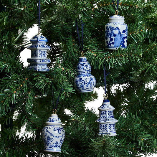 Chinoiserie Blue and White Hand-Painted Ornaments: Set of Five