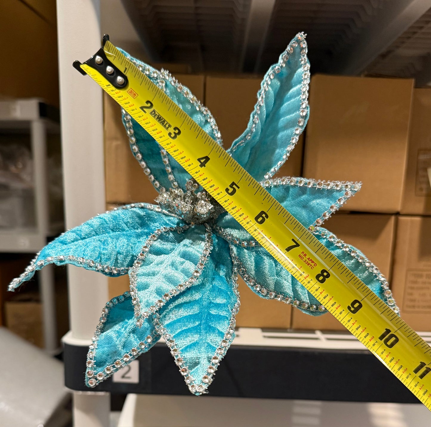 Set of 4 ~ 20" Jeweled Edge Aqua Velvet Poinsettia Stems Christmas Tree Decor