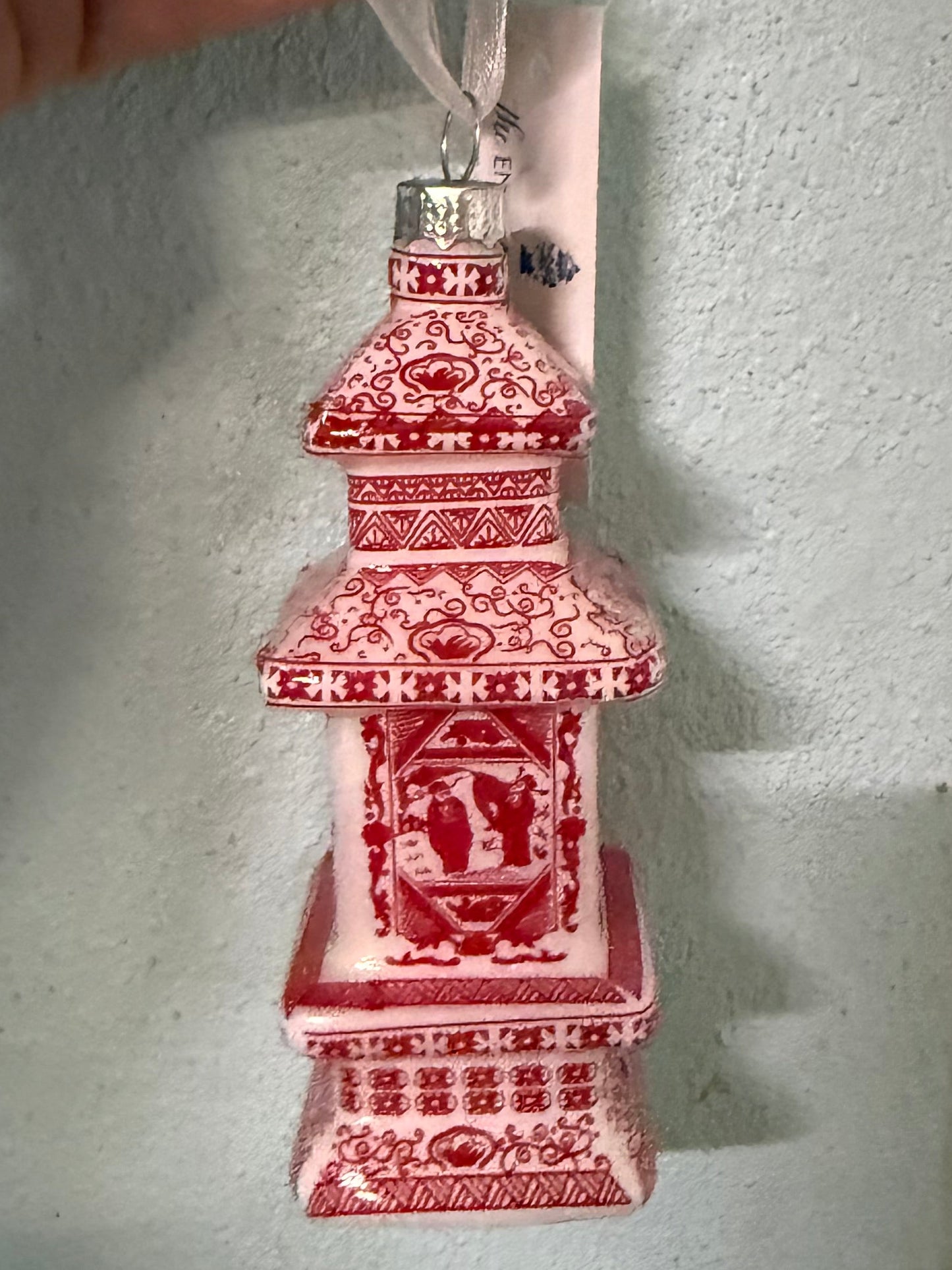 Red & White Chinoiserie Pagoda Ornament: Set of 2