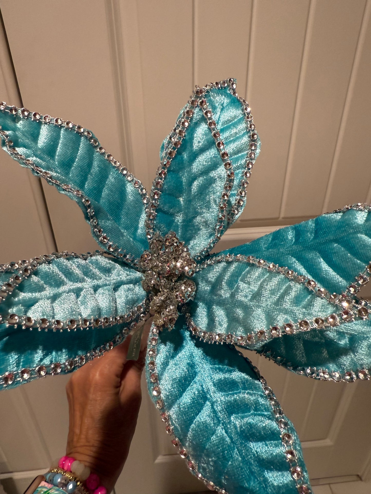 Set of 4 ~ 20" Jeweled Edge Aqua Velvet Poinsettia Stems Christmas Tree Decor