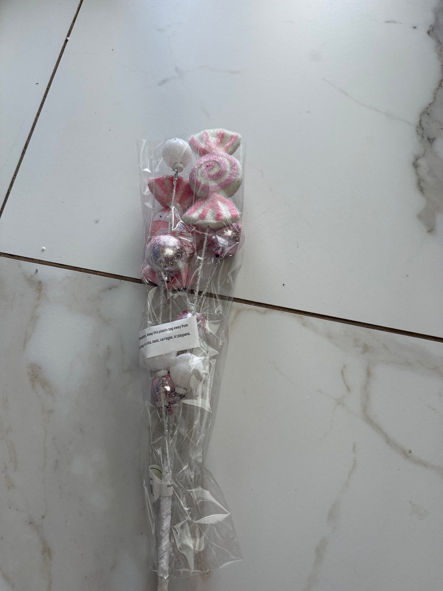 28" Pink And White Glitter Candy/Ball Spray: Set of Two