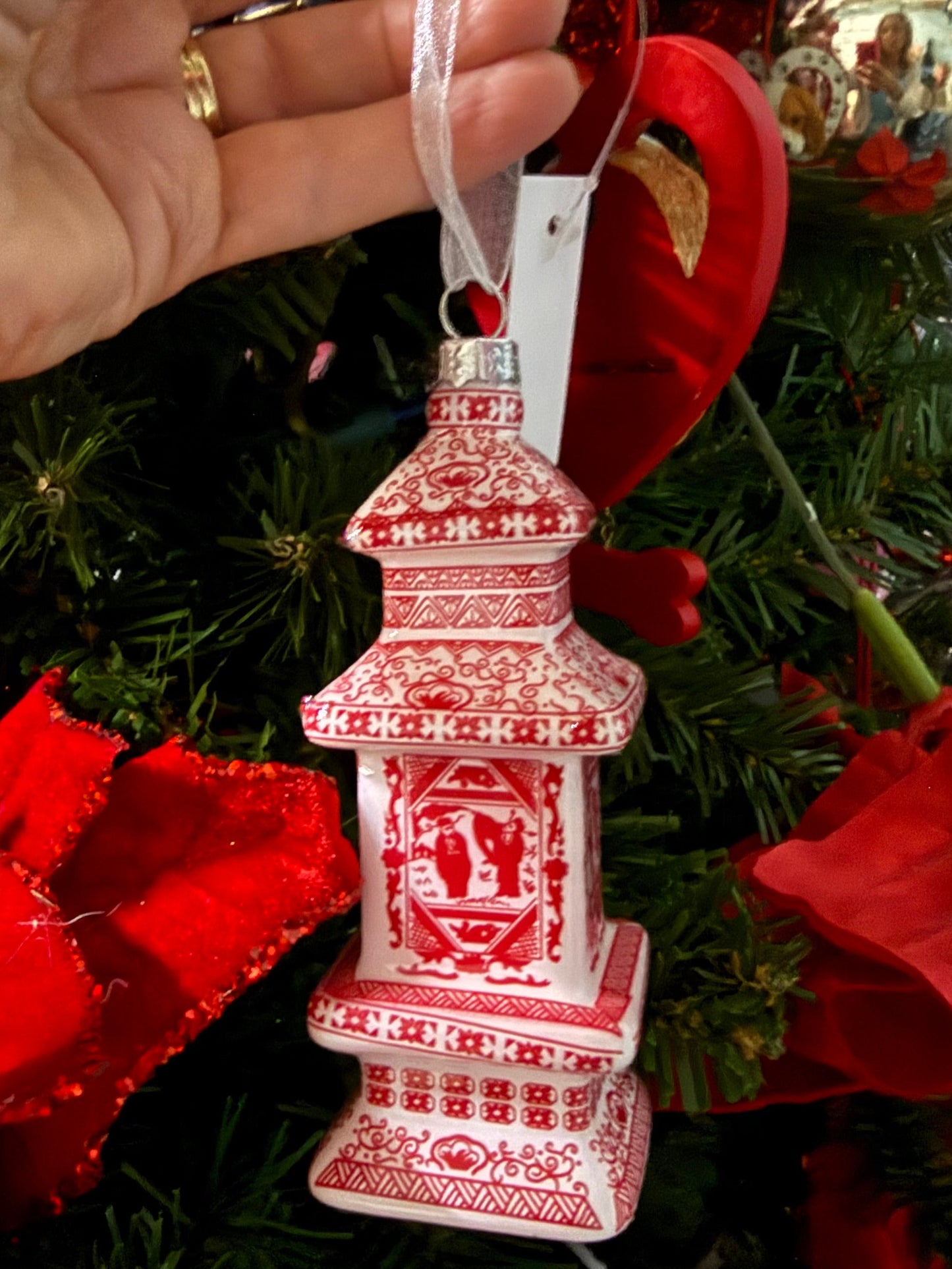 Red & White Chinoiserie Pagoda Ornament: Set of 2