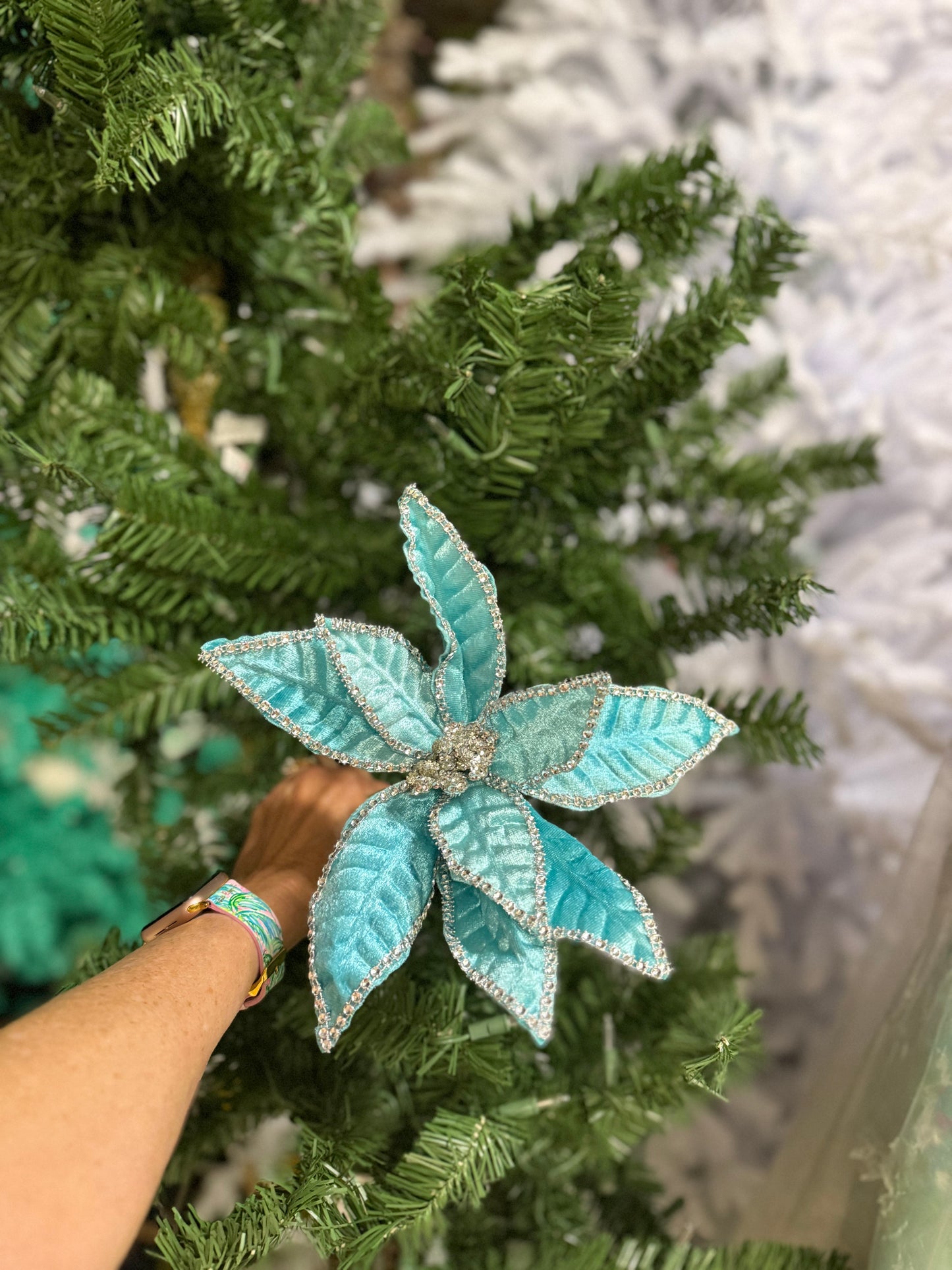 Set of 4 ~ 20" Jeweled Edge Aqua Velvet Poinsettia Stems Christmas Tree Decor