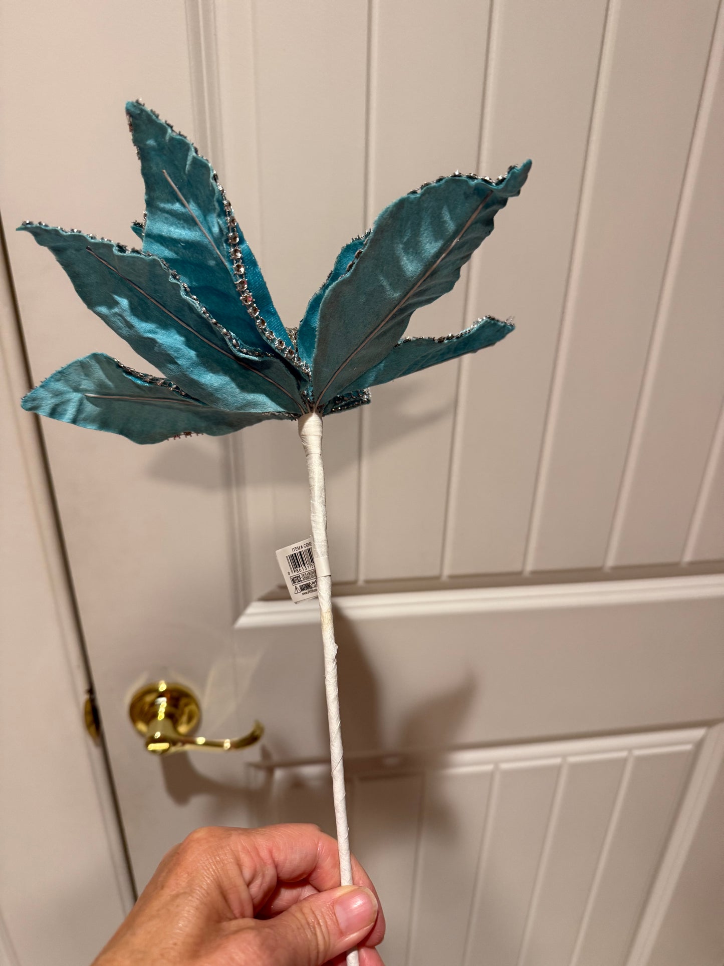 Set of 4 ~ 20" Jeweled Edge Aqua Velvet Poinsettia Stems Christmas Tree Decor