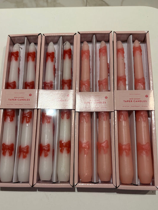New! Set of 2 Bow Accent Taper Candles in Gift Box: White or Pink