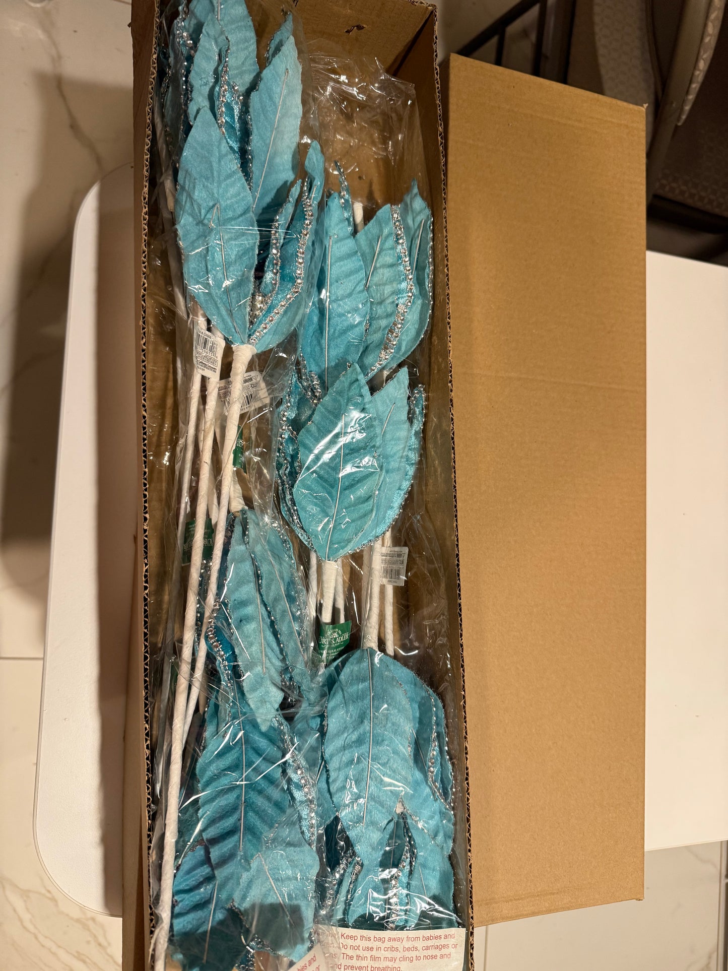 Set of 4 ~ 20" Jeweled Edge Aqua Velvet Poinsettia Stems Christmas Tree Decor