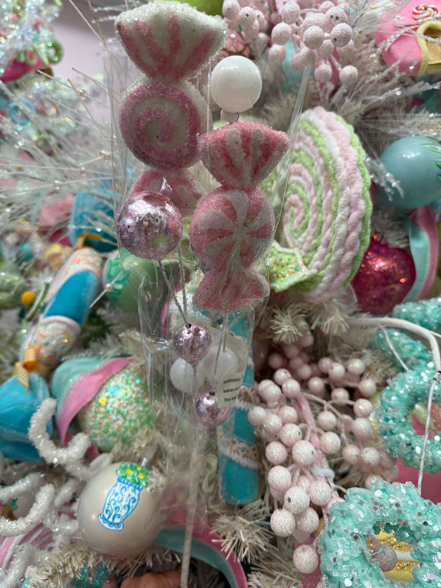 28" Pink And White Glitter Candy/Ball Spray: Set of Two