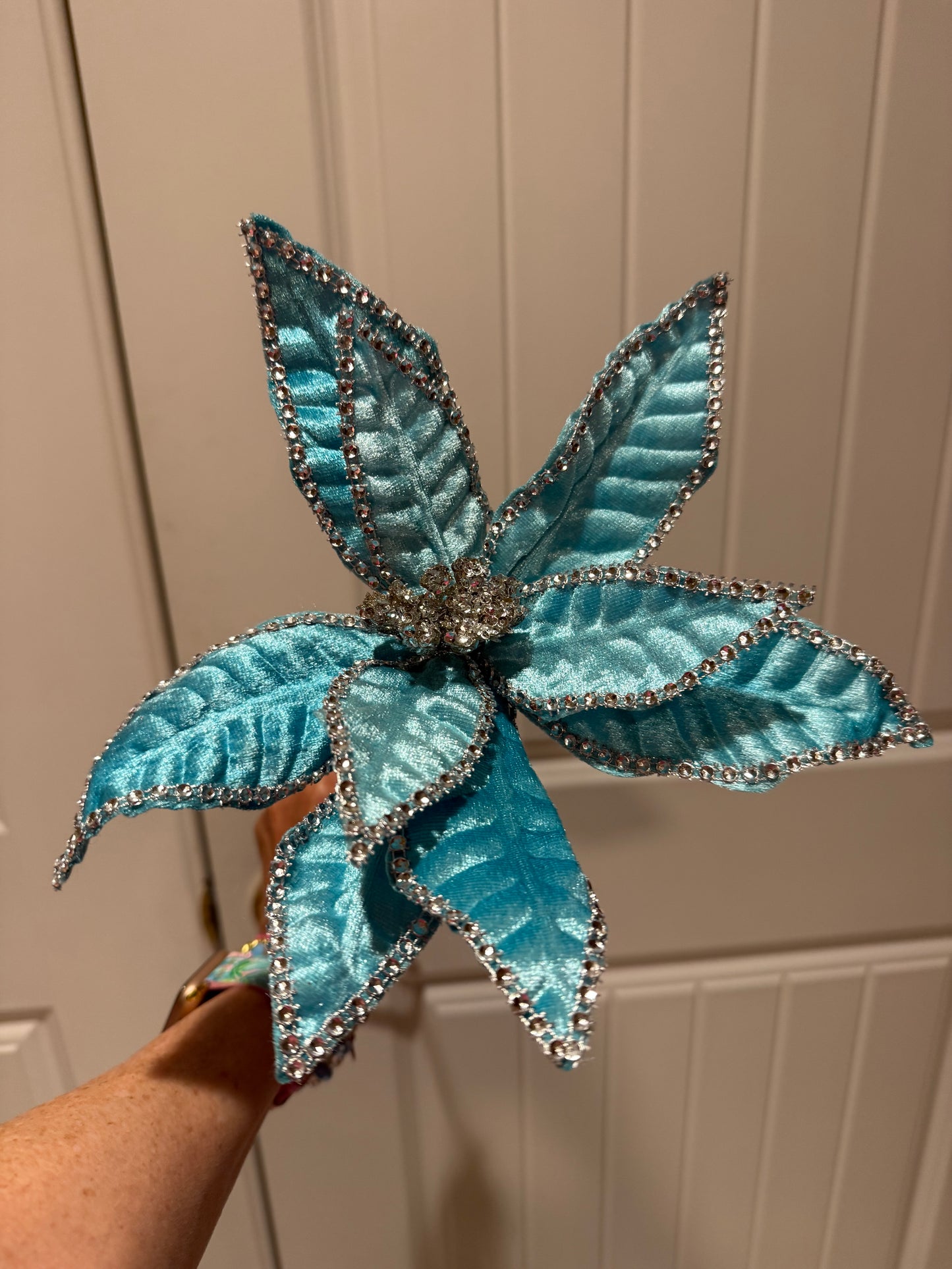 Set of 4 ~ 20" Jeweled Edge Aqua Velvet Poinsettia Stems Christmas Tree Decor