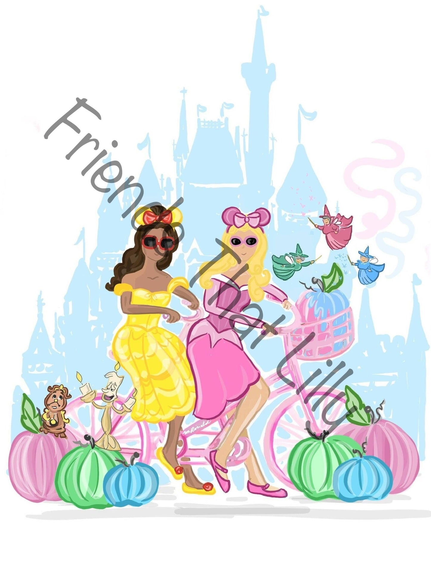 SALE! Kids FTL Yellow and Pink Princesses w/ Pumpkins Illustration Shirts