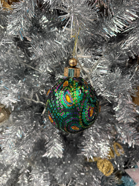 Sequin & Gemstone Peacock Christmas Beaded Glitter Ball Ornaments: Set of Three