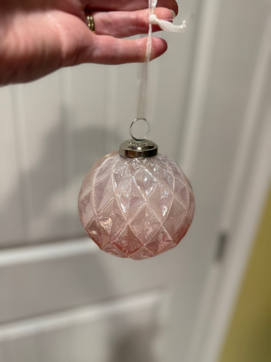 4" Pearlized Milk Glass Ridged Ball Ornament- Set of 2