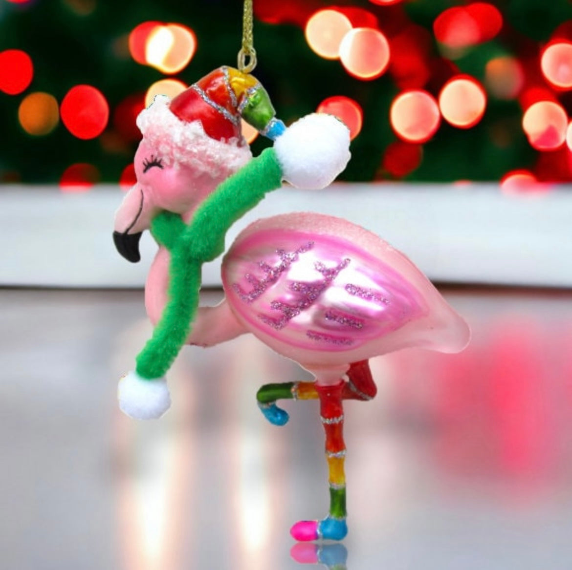 Christmas Rainbow Flamingo Ornament