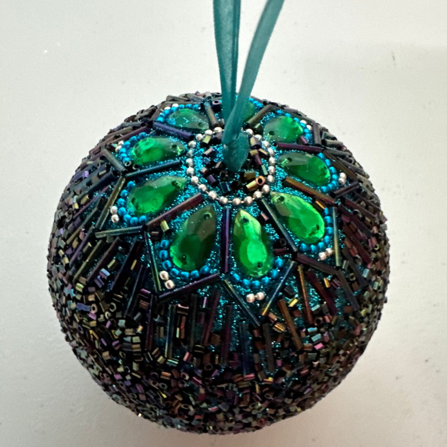 4" Beaded Peacock Ball Ornament