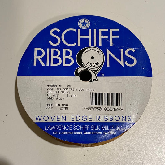 Sunshine Yellow w/ White Polka Dots Ribbon 7/8” x 10 YD